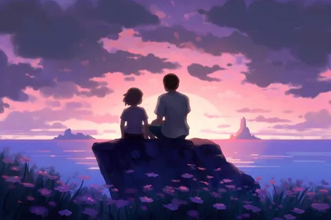 长辈父亲和孩子坐着看落日晚霞浪漫背景