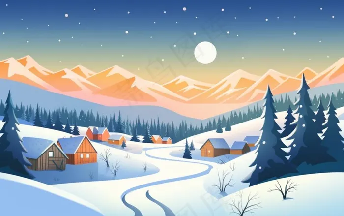 冬季晚霞白雪乡村村庄雪花雪景卡通插画背景(1376x864)