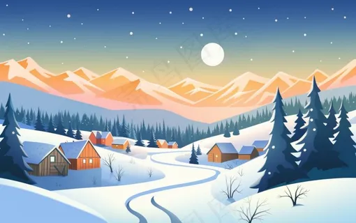 冬季晚霞白雪乡村村庄雪花雪景卡通插画背景