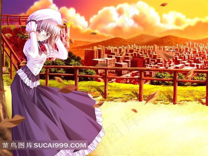 郊外的动漫美少女插画素材