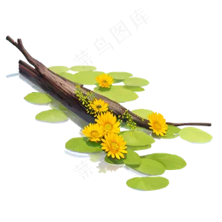 绿色免抠手绘素材PNG菊和荷花枯树桩