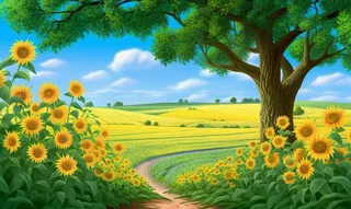 阳光明媚的天气里以树木为背景的向日葵田插画背景