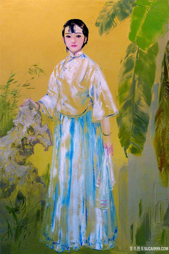 女孩中式风景画挂画油画图片