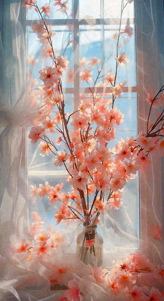 春天窗台花瓶粉色鲜花花束，春分(816x1488)