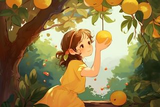 丰收可爱女孩水果金黄色插画背景