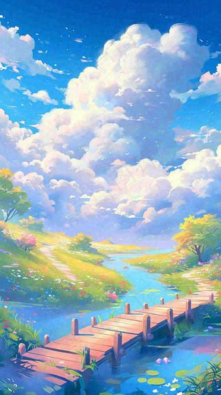 春天草坪河流小溪蓝天白云清新阳光手绘插画，立春春分