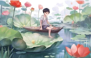 睡莲荷叶池塘里的孩子背景