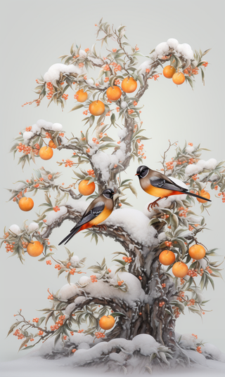 冬天站在果树枝上的小鸟雪景卡通插画