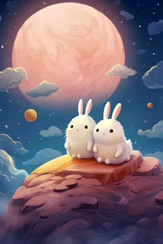 中秋夜晚下的玉兔月亮蓝色背景卡通插画素材