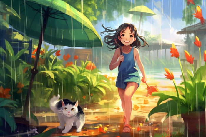 女孩雨天小猫游艇游玩插画背景(1344x896)