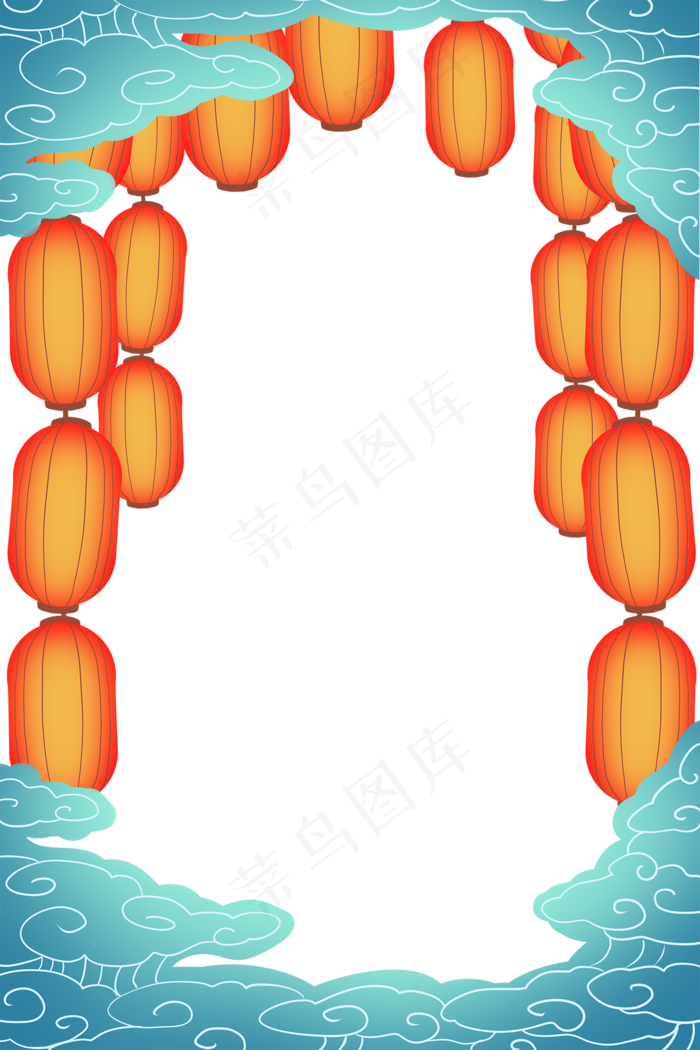 国潮手绘古风海浪花朵祥云装饰边框相框免抠
