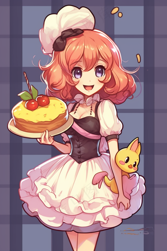 可爱少女捧着蛋糕女仆裙卡通插画背景(x)