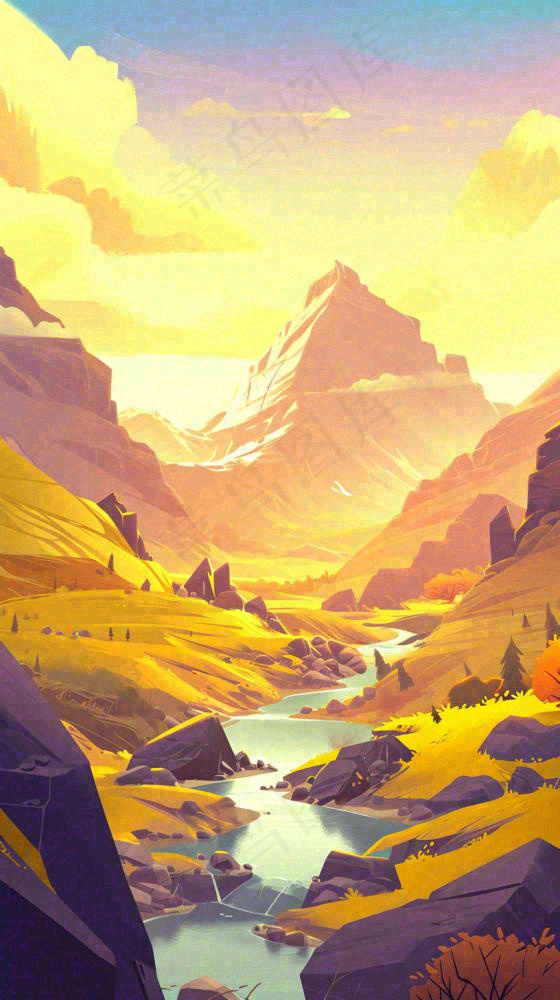 落日山脉河流小溪扁平手绘插画，旅行游玩登山郊游(816x1456)