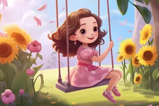 儿童女孩荡秋千向日葵背景