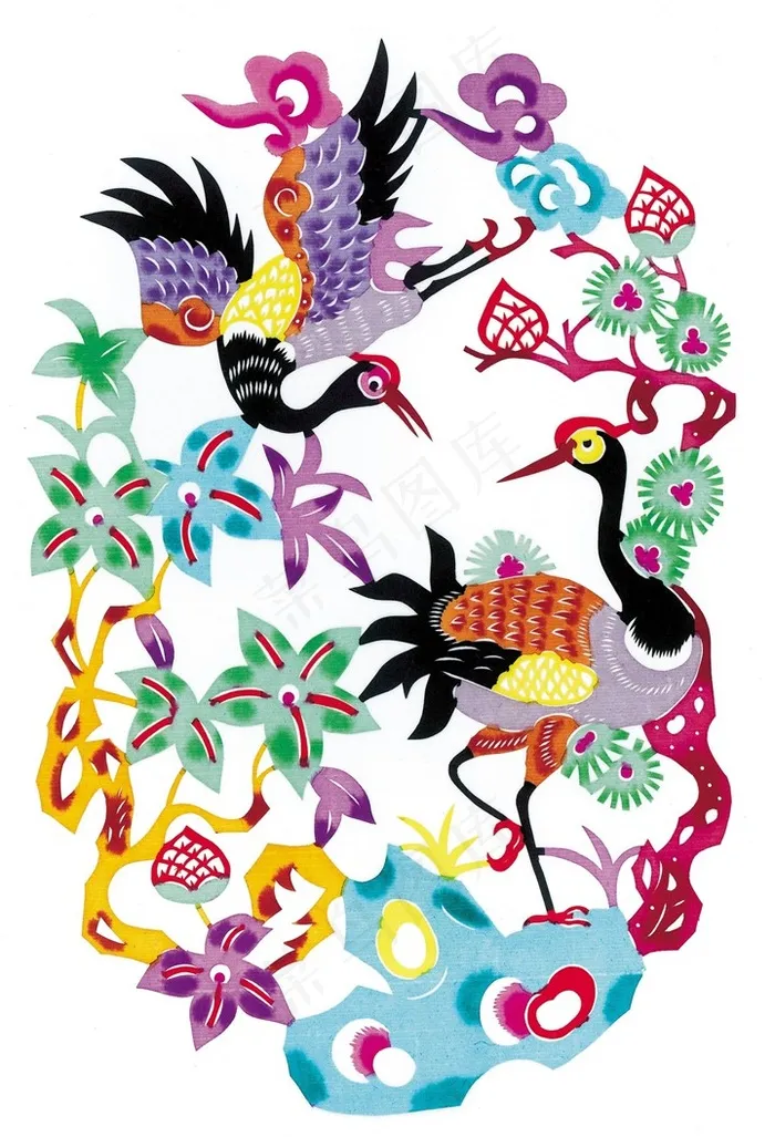 剪纸鲜花仙鹤素材图片