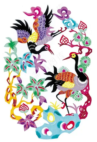 剪纸鲜花仙鹤素材图片