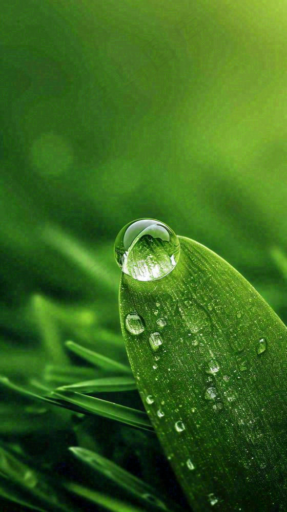 夏天绿植叶子露珠萌芽清新，雨水白露谷雨摄影图(816x1456)