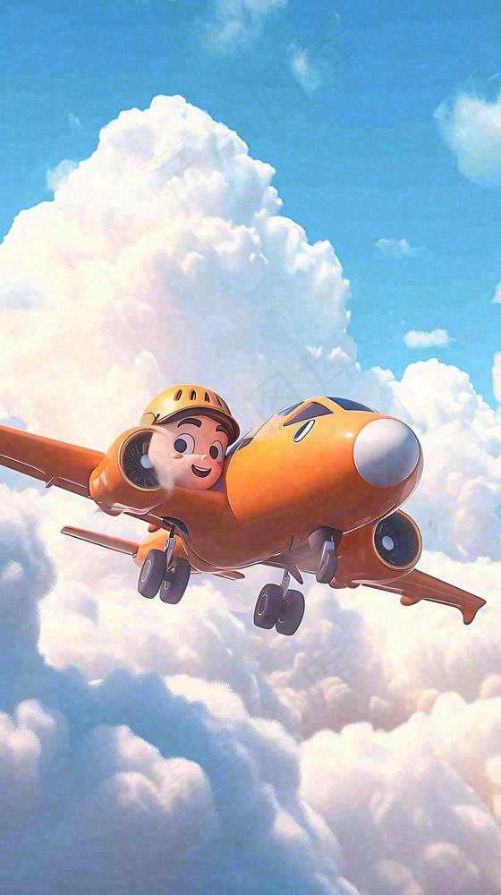 卡通少年男孩飞行飞机玩耍，可爱儿童节，天空白云