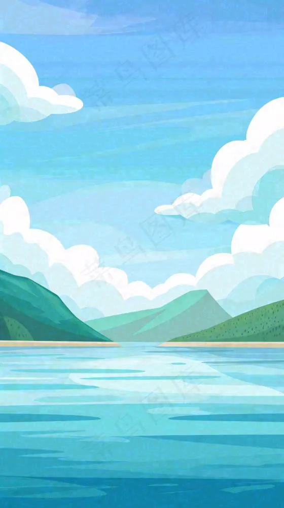 夏天蓝色扁平卡通插画蓝天白云湖水远山(816x1456)