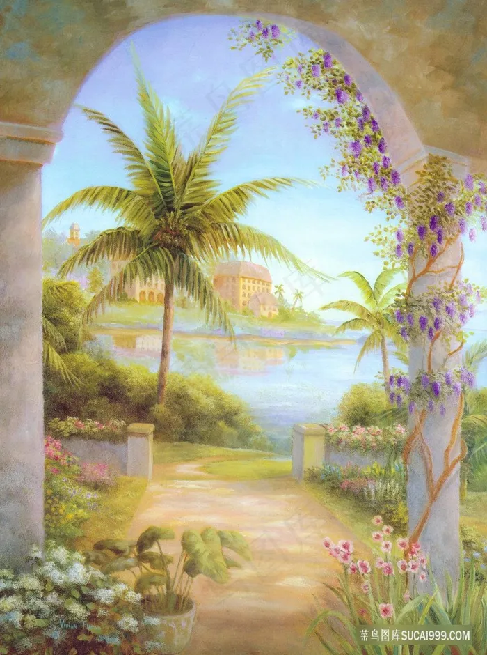椰树湖畔建筑油画