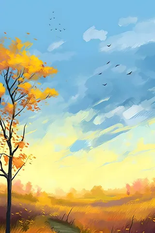 秋天清新天空树林插画黄色背景