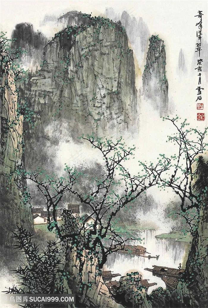 白雪石水墨山脉高清风景画