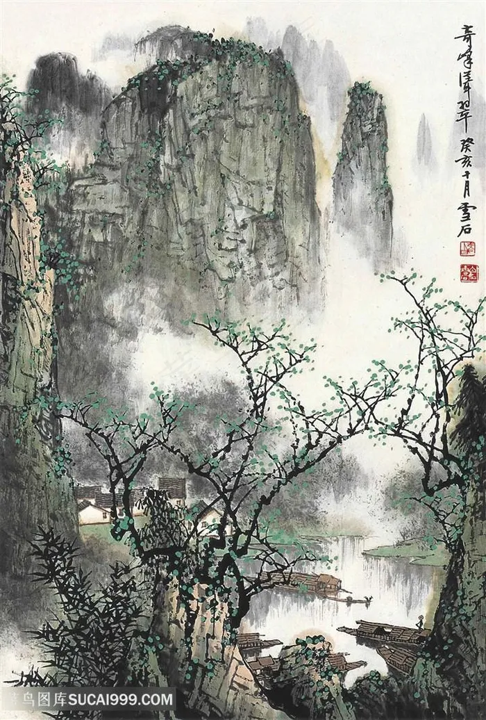 白雪石水墨山脉高清风景画
