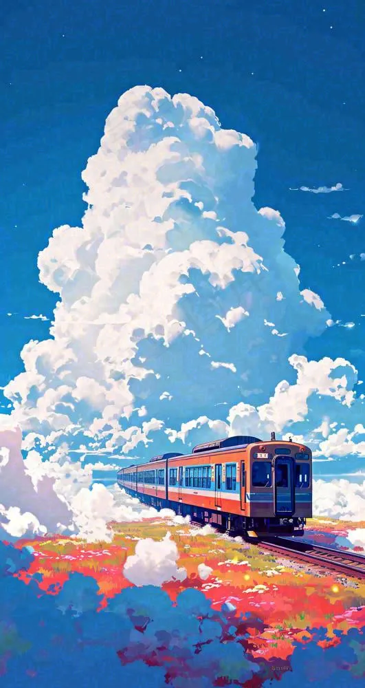 彩色绚丽彩虹蓝天白云铁路火车动车手绘插画(800x1504)