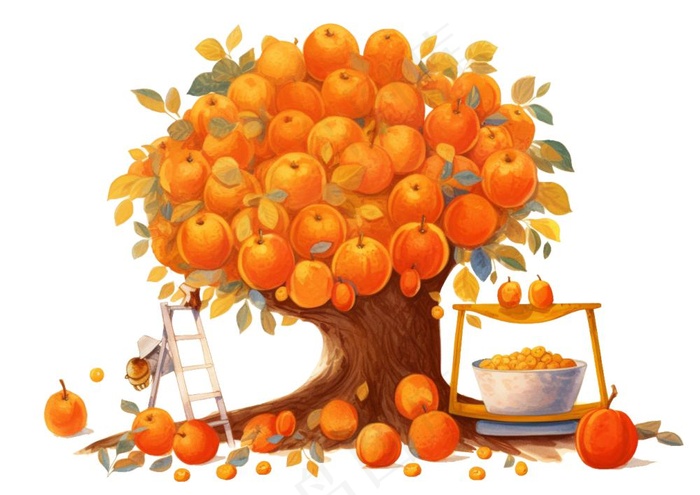 秋季爬梯摘水果的女孩橘子插画免抠