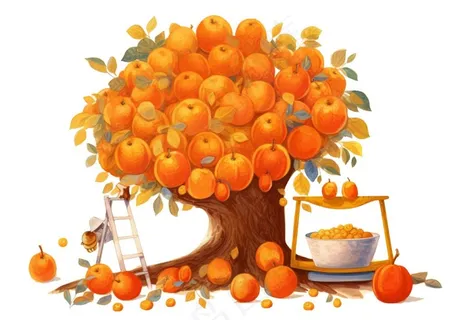 秋季爬梯摘水果的女孩橘子插画免抠