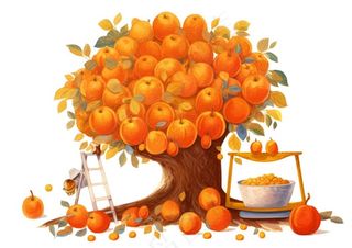 秋季爬梯摘水果的女孩橘子插画免抠