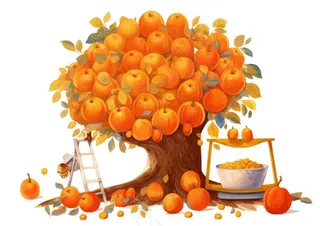 秋季爬梯摘水果的女孩橘子插画免抠