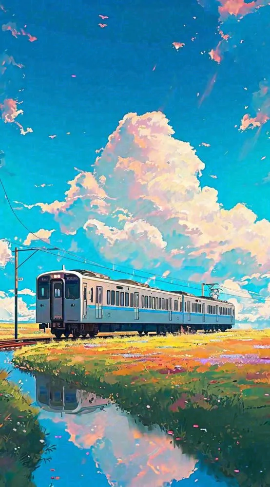 蓝天白云下草地河流高铁火车铁路手绘插画(816x1472)