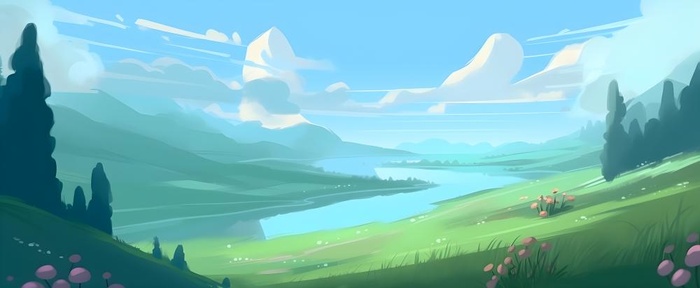 春天蓝天白云草原绿色树草地手绘插画海报素材背景(6848x2816)