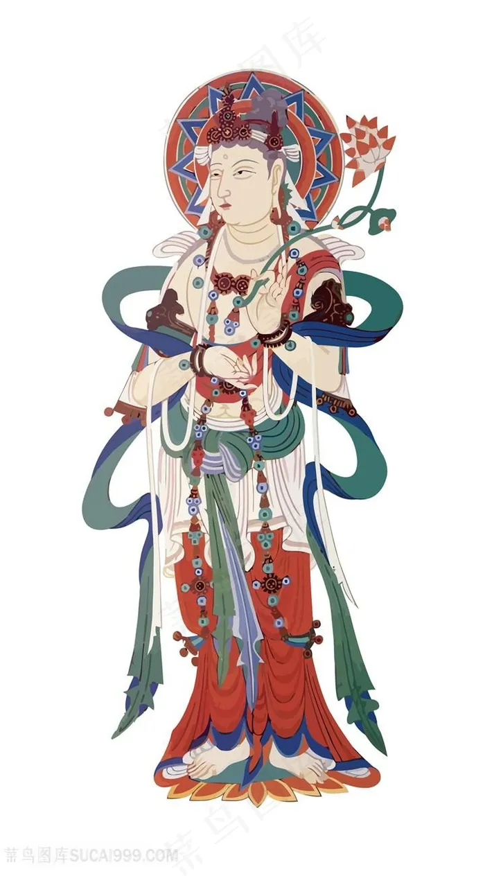 彩绘繁复敦煌菩萨矢量壁画