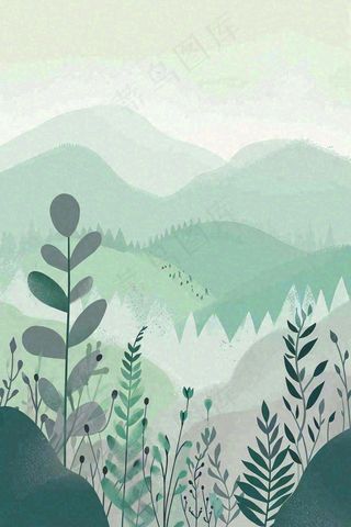 青绿山脉树木小草扁平插画手绘