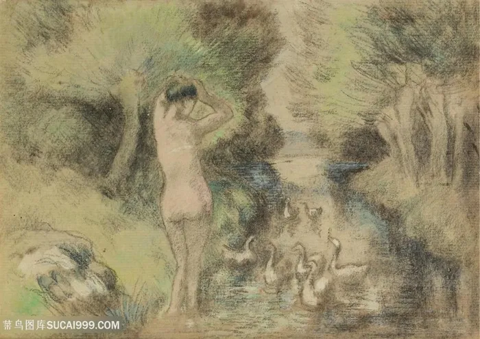 德加油画鸭子溪边美女风景画