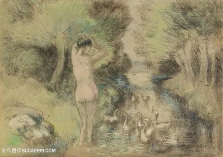 德加油画鸭子溪边美女风景画 德加油画鸭子溪边美女风景画