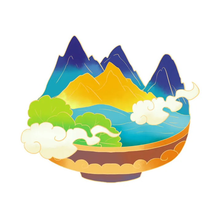 时尚微景观山水装饰庭院祥云中式国潮风插图插画元素素材设计模板psd模版下载