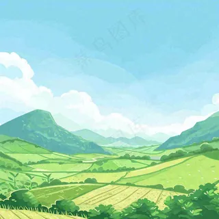 春天清新山脉田间草地绿植手绘插画