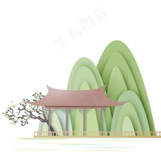 中国风 复古烟 青色 清新山水 剪纸元素 景色 PNG 免抠 素材