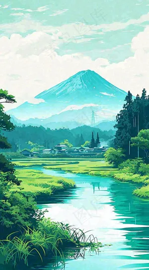 日本卡通绿色手绘乡村田野春天稻田