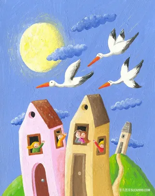 仙鹤房子卡通油画