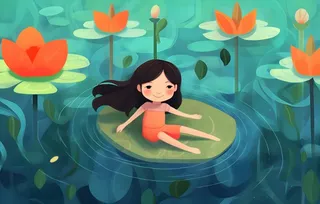 在睡莲池塘里玩耍的女孩插画背景