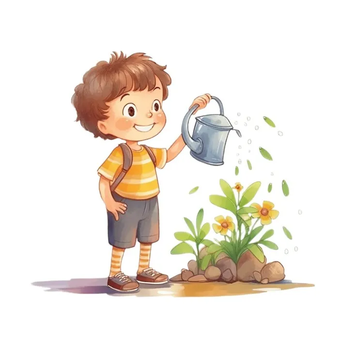 小男孩拿着水壶水桶浇水绿植草人物插画免抠(1024x1024)