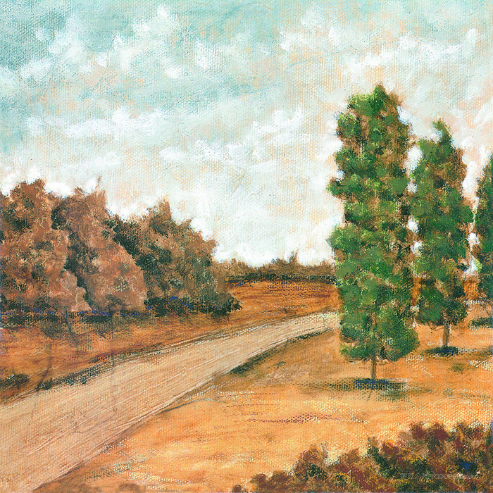 道路水彩树唯美风景画油画