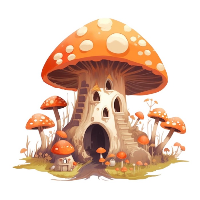 卡通插画蘑菇屋兔子免抠(1024x1024)