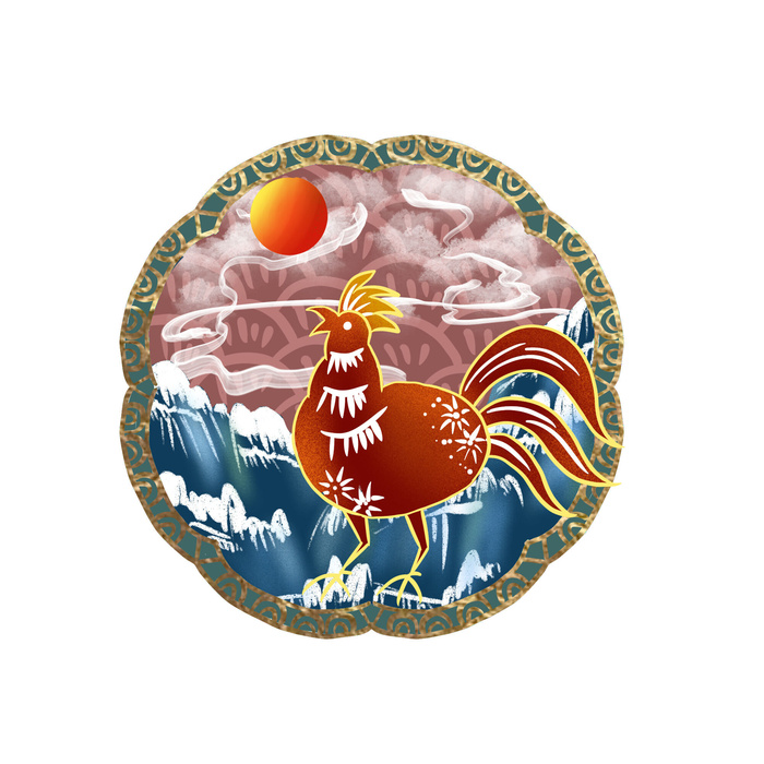 中国风国潮十二生肖鸡手绘烫金插画春节剪纸元素PSD设计素材