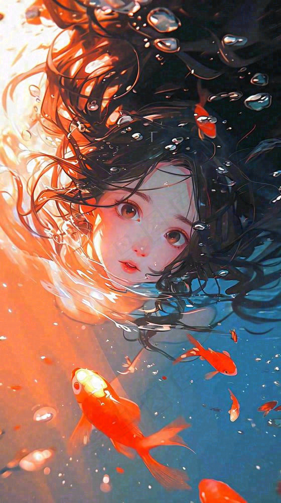 阳光水底光照游泳长发美人，鱼类金鱼，水气泡
