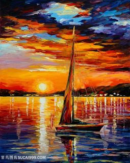 唯美湖畔晚霞水彩油画美景插画